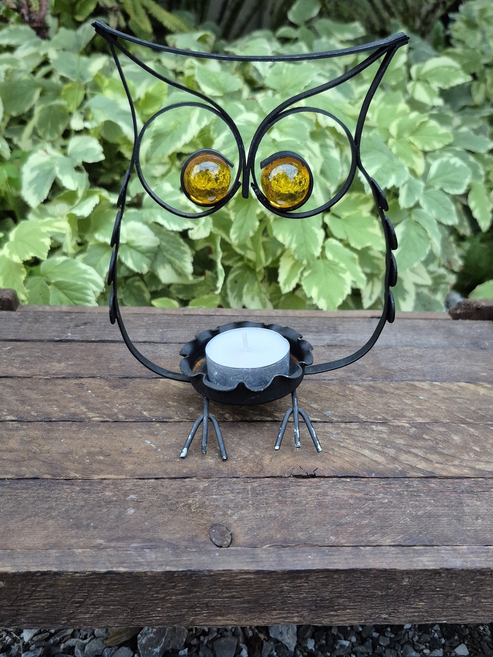 Vintage Metal Owl Tealight Candle Holder with Amber Glass Eyes 7x5